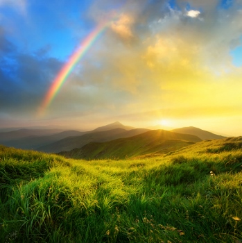 Mountain valley during sunrise. Natural summer landscape