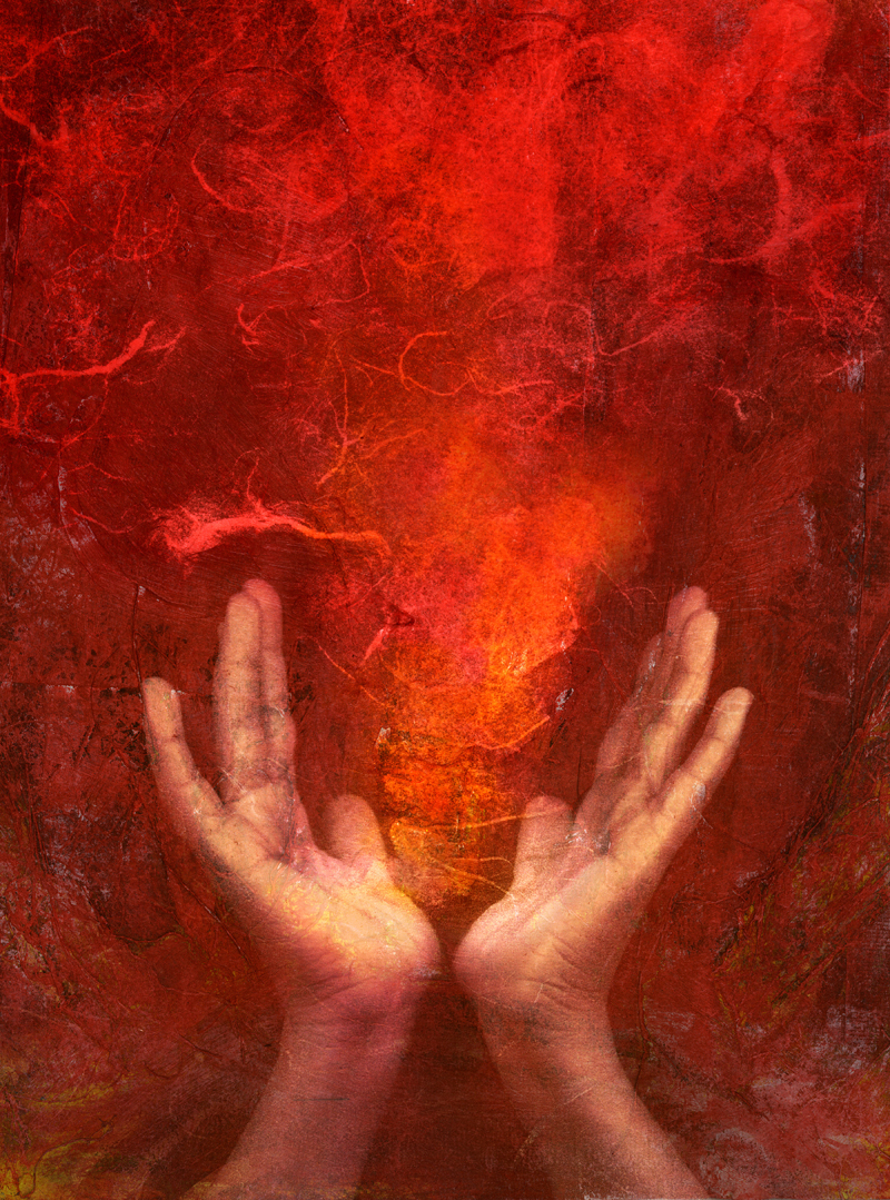 Photo based mixed medium images of hands with red "fire".