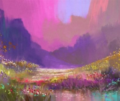 beautiful landscape in the mountains with colorful flowers,digital painting